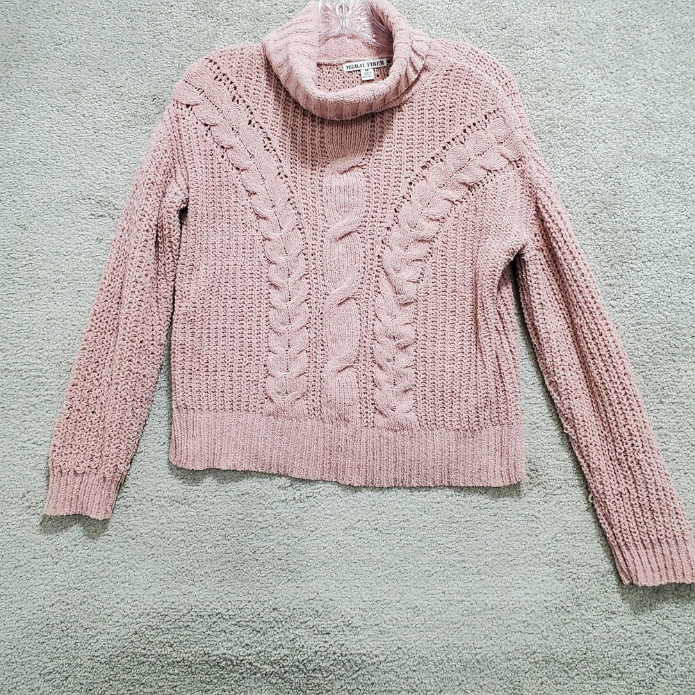 Moral Fiber‎ Sweater Women's Medium Pink 100% Polyester Cable Knit Turtleneck